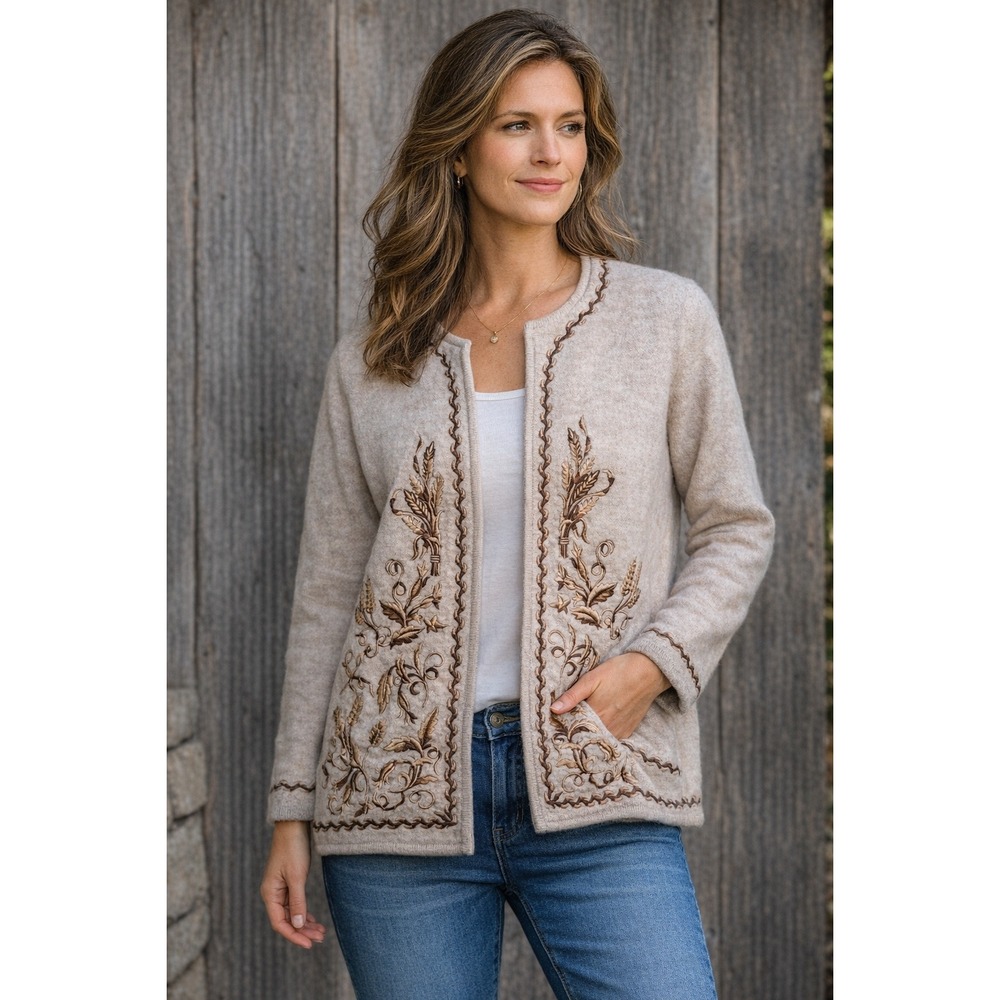 Vintage Wool Embroidered Cardigan Womens S Beige Floral Boho Cottagecore